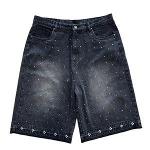 Shorts en jean pour homme avec strass, shorts en jean déchirés, ornés de cristaux, coupe slim, streetwear décontracté, mode estivale - Product Image 1