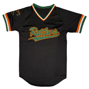 Camiseta de Béisbol Personalizada Estilo FAMU Rattlers, Negra, de Malla, con Cuello en V, Logotipo Bordado, Fabricante Mayorista - Product Image 1