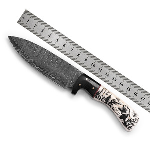Cuchillo de Caza de Hoja Fija de Acero de Damasco Personalizado - Hoja Recta de 19 cm de Longitud - Mango de Hueso de Camello con Grabado Láser - Estilo Industrial - Product Image 1