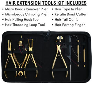 All in One Gold Hair Extension <b>Tool</b> Set with Microlink Removal Plier Tape Applicator Bead <b>Threading</b> Hook loop Sectioning Comb - Product Image 2