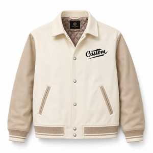 Veste universitaire personnalisée pour homme en laine/polyester beige avec lettres brodées sur le devant, col rabattable, décontractée, coupe-vent pour l'hiver - Product Image 2