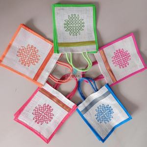 Kolam Print Yute Handle Bag Thamboolam Grocery & Shopping Carry Bag Regalo de devolución de boda Favor de inauguración de la casa - Product Image 5
