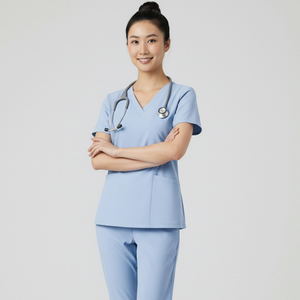 ชุดยูนิฟอร์มแพทย์แบบมืออาชีพสำหรับทุกเพศ ชุดเสื้อติดกระดุมด้านข้าง กางเกงขายาวทรงตรง ชุดทำงานโรงพยาบาล ผ้าสแปนเด็กซ์/ผ้าฝ้าย - Product Image 1