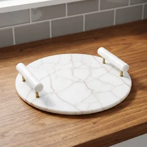 Plateau de service rond en marbre avec poignées blanches, design minimaliste pour la vaisselle de table à la maison - Product Image 1