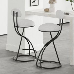 Set di 2 Sgabelli da Bar Rotondi in Metallo Nero Imbottiti con Stampa, per Cucina, Isola, Sala da Pranzo, Bancone, con Stampa Nera - Product Image 2