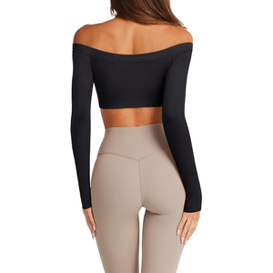 Women Off-The-Shoulder <b>Long</b> <b>Sleeve</b> <b>Crop</b> Top Solid Color Breathable Yoga Activewear Skinny Fit Full <b>Sleeve</b> Spandex Polyester - Product Image 4