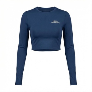 North Approach Women's Long Sleeve <b>Crop</b> <b>Top</b> Crew Neck Solid <b>Blue</b> Breathable Yoga Wear Spandex Polyester - Product Image 1