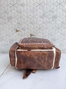 New Hand <b>Tooled</b> Leather Cowhide <b>Backpack</b> With Floral Carving Unisex Bohemian Style Multiple Pockets Zipper Closure Daily Use Bag - Product Image 3