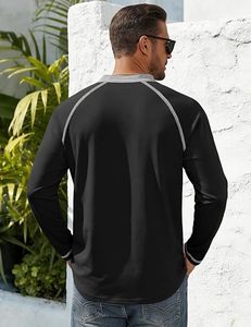 Men's O-Neck Long Sleeve <b>Henley</b> Shirt Contrast Trim Solid Color Casual Knitted 100% Cotton Regular Fit Eco-Friendly Breathable - Product Image 4