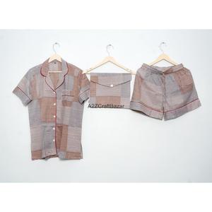 Conjunto de Pijama para Mujer, Suave y Cómodo, de Algodón, Cuello en V, Manga Corta, Estampado Floral, Transpirable, Cintura Alta con Cordón Ajustable, para Verano - Product Image 4