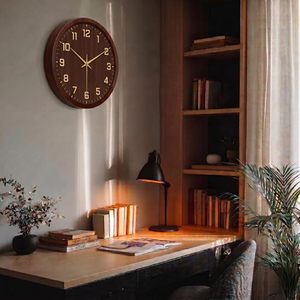 Wood Grain Silent Quartz Wall <b>Clock</b> Round Analog Hanging <b>Clock</b> <b>Battery</b> Powered 3D Number Display for Living Room - Product Image 3