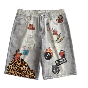 Custom Mens Graphic Patchwork <b>Denim</b> Shorts Distressed Ripped Vintage Jean Shorts Y2K Streetwear Baggy Leopard Print Jorts Shorts - Product Image 1