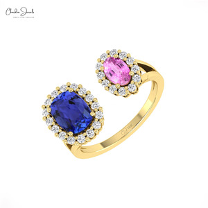 Anillo de Oro Sólido de 14K con Tanzanita Genuina de 8x6mm y Zafiro Rosa con Halo, Anillo de Compromiso de Lujo con Piedras Preciosas para Mujer, Chordia Jewels - Product Image 4