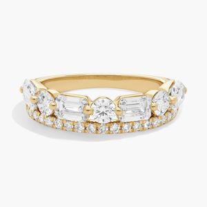 Bague à deux rangs de diamants avec 2 carats de diamants émeraude et ronds de culture en or jaune - Product Image 1