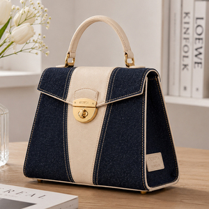 <span class=keywords><strong>Sac</strong></span> à bandoulière en jean bleu pour femme, <span class=keywords><strong>sac</strong></span> à main en cuir grainé marron, sacoche structurée à rabat avec poignée supérieure et pieds métalliques - Product Image 4