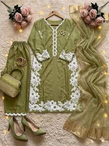 <b>Green</b> <b>Silk</b> Salwar Kameez Set Lace Embroidered Indian Pakistani Women Outfit Wedding Party Dress - Product Image 5