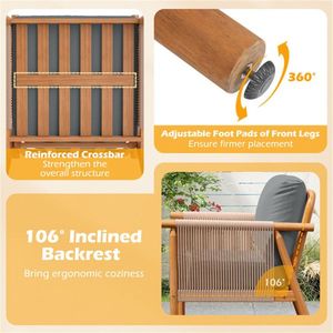 Chaise d'appoint d'extérieur en bois d'acacia gris style bohème avec accoudoirs en corde tressée et coussin pour porche et balcon - Product Image 6