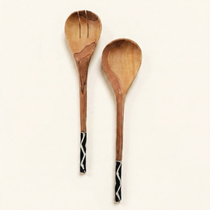 Wood <b>Salad</b> Servers Set with Bone Inlay Handles Natural Wooden Serving Spoons Eco Friendly Utensils for Kitchen & Dining - Product Image 1