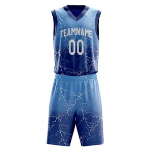 Conjunto de Uniforme de Baloncesto Sublimado Personalizado, Cuello en V, Sin Mangas, Absorbente de Humedad, Unisex, para Adultos, con Estampado de Rayos Azules - Product Image 2