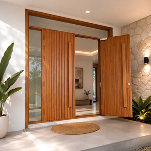 Porte d'entrée double moderne en teck massif à lattes verticales, porte principale sur mesure OEM pour importateurs, commandes FCL depuis Jepara, Indonésie - Product Image 3
