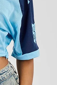 <b>Top</b> Selling Custom Logo Light Blue Varsity T-Shirt With Navy Sleeve Panelling Midweight <b>Mesh</b> Fabric V-Neck T Shirts For <b>Women</b> - Product Image 6