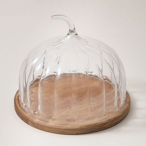 Dôme à gâteau en verre en forme de cercle, résistant au four, avec base en bois, plateau à gâteau réutilisable - Product Image 1