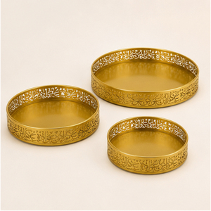 Luxury Round <b>Gold</b> Ramadan <b>Serving</b> <b>Tray</b> Set Ornate Arabic Calligraphy Cutwork Metal Eid Mubarak Decorative Platter for Hot Sale - Product Image 1