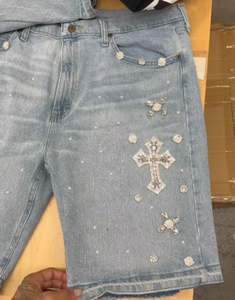 Shorts en jean brodés de croix en diamant gothiques, style rétro américain, avec strass bleus, streetwear hip-hop, pour hommes et femmes - Product Image 3