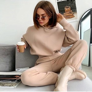 Women Sets Loose Casual Fleece WarmSolid Long Sleeve Hooded <b>Harem</b> Pants Ankle Plain Dyed Autumn Winter Sport 2 Piece - Product Image 2