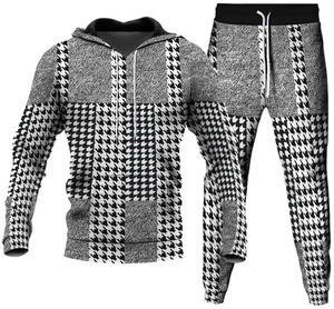 Ensemble de survêtement pour homme à imprimé pied-de-poule, sweat à capuche et pantalon, manches longues, tenue décontractée pour l'automne - Product Image 1