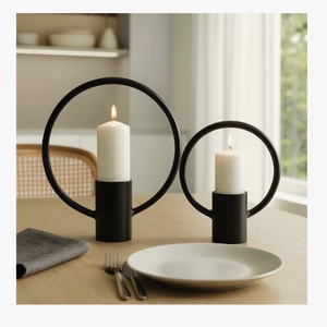 Ensemble de 2 supports à bougies circulaires modernes en noir mat pour la décoration de la maison, design en métal - Product Image 1