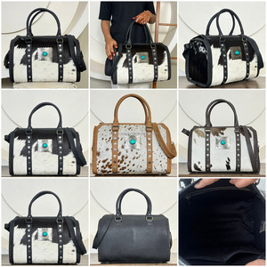 Bolsos de viaje de cuero genuino con pelo de vaca, estilo Speedy, con concho turquesa occidental, elegantes bolsos de hombro para mujer, venta al por mayor - Product Image 3