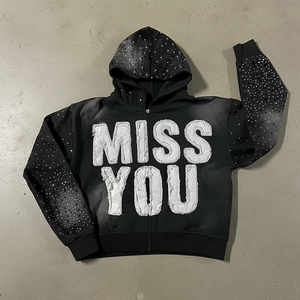Black Rhinestone Patches Embroidered Hoodies 280gsm Cotton Heavyweight Hoodies Sleeve Rhinestone Boxy Fit Cropped Zipper Hoodies - Product Image 5
