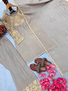 Nouvelle tenue Salwar en soie Chinon pour femme, broderie de 3 mm, travail de codage-Dori, dentelle fantaisie, longueur au sol - Product Image 5
