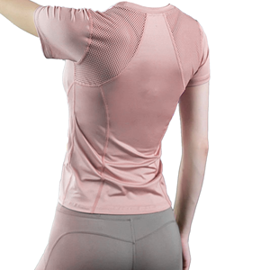 T-shirt ajusté à manches courtes pour femme, dos en mesh, anti-transpiration, vert uni, col rond, haut de sport toutes saisons - Product Image 6