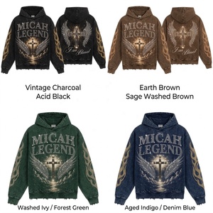 OEM Custom Oversized <b>Y2K</b> <b>Streetwear</b> Hoodie 400+ GSM Washed Cotton Fleece Rhinestone Cross Angel Wings Distressed Hem Pullover - Product Image 5