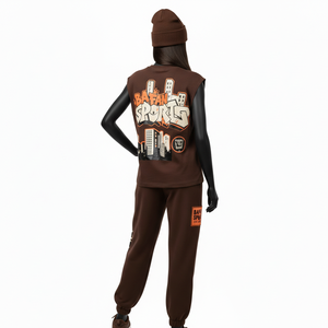 Ensemble pantalon et t-shirt sans manches pour femme en molleton de coton et polyester, marron, avec empiècements contrastants et logo personnalisé imprimé à l'écran – Collections Femme - Product Image 5