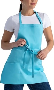 Delantal de poliéster tejido azul claro con bolsillos y cierre de lazo para mujer, uniforme para camareros de restaurante y bar - Product Image 6