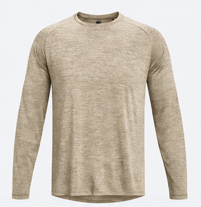 Men's Long Sleeve O-Neck Solid Beige Knitted Polyester T-Shirt Regular Fit Casual Breathable Quick Dry Eco-Friendly - Product Image 1