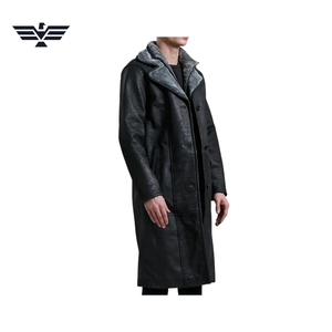 <b>Men's</b> Long PU Leather Motorcycle Jacket with Sherpa Lining Breathable Windproof <b>Winter</b> Casual Wear Stand Collar Single Breasted - Product Image 3