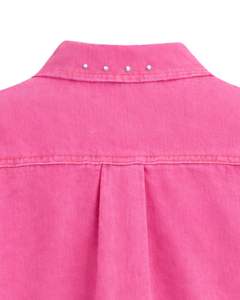 Veste en jean courte rose personnalisée pour femme avec fermeture boutonnée sur le devant ornée de strass, manches longues, style streetwear tendance - Product Image 6