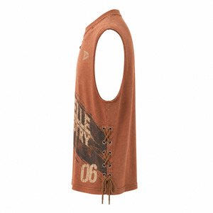 Oversized Boxy Streetwear Muscle Tee Tank <b>Top</b>, Vintage Washed Cotton Slub Jersey, Distressed Graphic Print, Lace-Up Side Detail - Product Image 4