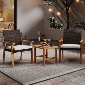 Set Bistrot da Esterno in Legno di Acacia, Collezione di Mobili da Giardino in Rattan PE a 3 Pezzi - Product Image 5