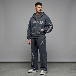 <b>Charcoal</b> Rhinestone Graphic Zip Up Hoodie Sweatpants Tracksuit Set Mens Streetwear Two Piece <b>Jogger</b> Outfit Wholesale - Product Image 1