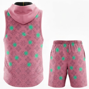Custom Hooded Sleeveless <b>Vest</b> & Shorts Set Green White Hand-Painted Sublimated Unisex Adult Fitted Moisture Wicking Sportswear - Product Image 6