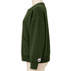 Cardigan Vert en Acrylique pour Femme, Longueur Standard, Pulls Élégants à Manches Longues, Col Rond, Détails Perles, Poches, Tendance Hiver, Extérieur - Product Image 3
