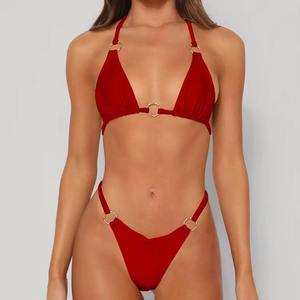 Conjunto de Bikini de Dos Piezas para Mujer, Top Halter Cruzado, Braguita Tipo Tanga, Color Sólido, Elástico, de Secado Rápido, Ropa de Playa - Product Image 5