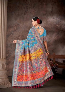 Sari de fiesta reversible sin arrugas de mezcla de algodón Bollywood KV Woven (Azul) - Product Image 2