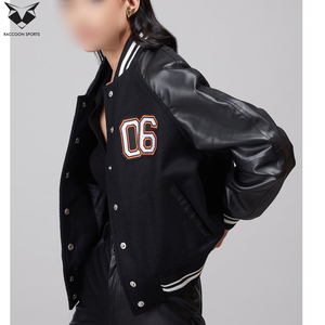 Veste universitaire noire pour femme, manches longues, logo brodé 06 sur le devant, manches en cuir PU, coupe classique, vêtements décontractés d'automne - Product Image 6