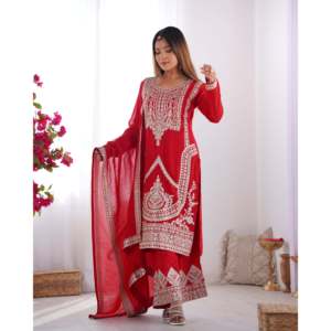 Conjunto de Top, Pantalones y Dupatta Rojo para Fiesta, con Bordado, Talla L, para Mujer, Marca KB - Product Image 3